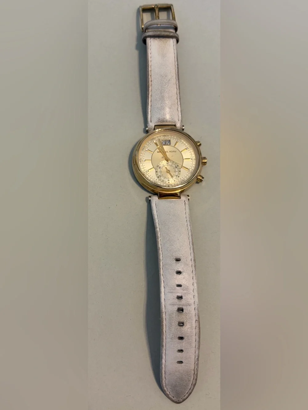 Michael Kors Gold Dial Watch with White Leather Strap